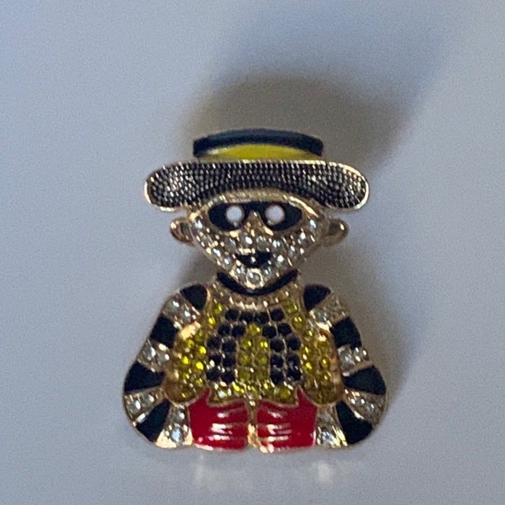 Vintage Gold Tone Hamburglar Crystal Enamel Brooch Pin Retro McDonalds Bling